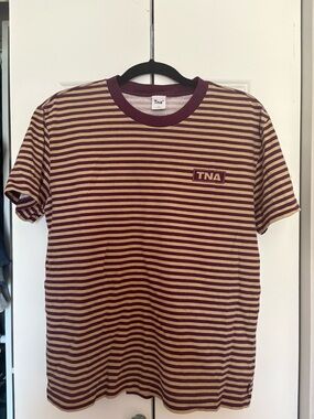 TNA Striped Crew Tee in Burgundy and Tan